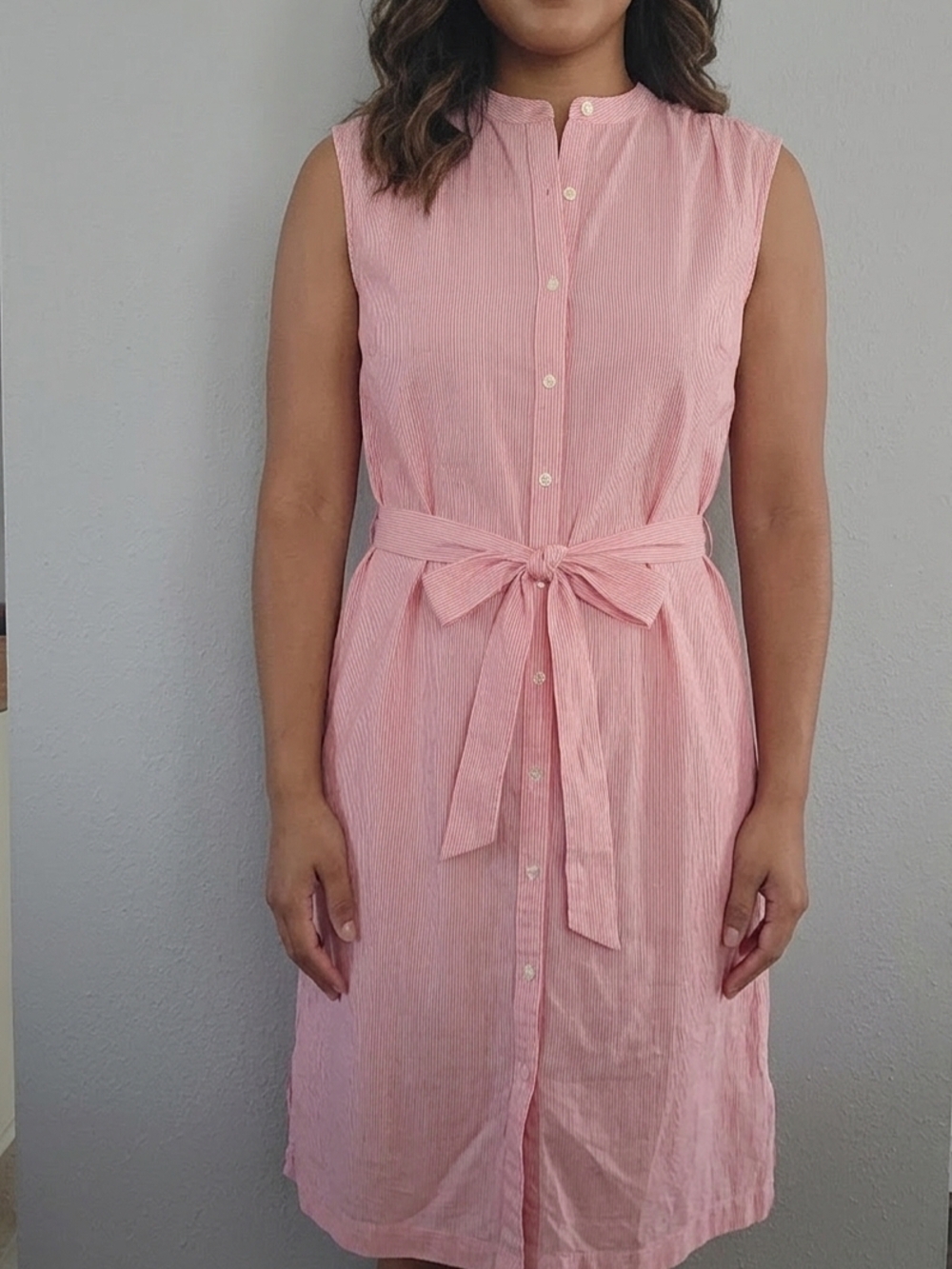 LOFT Red And White Striped Sleeveless Button-Front Tie-Waist Midi Dress